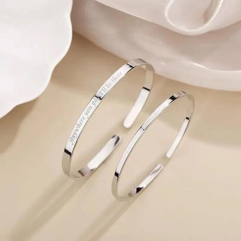 足银手镯 情侣款9999纯银ins手镯开口可刻字七夕节礼物送男女友火
