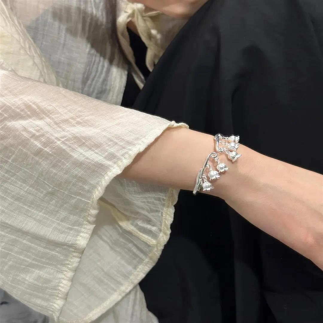 足银手镯  足银9999手镯女生甜美灵动铃兰花开口可调国风手镯女友