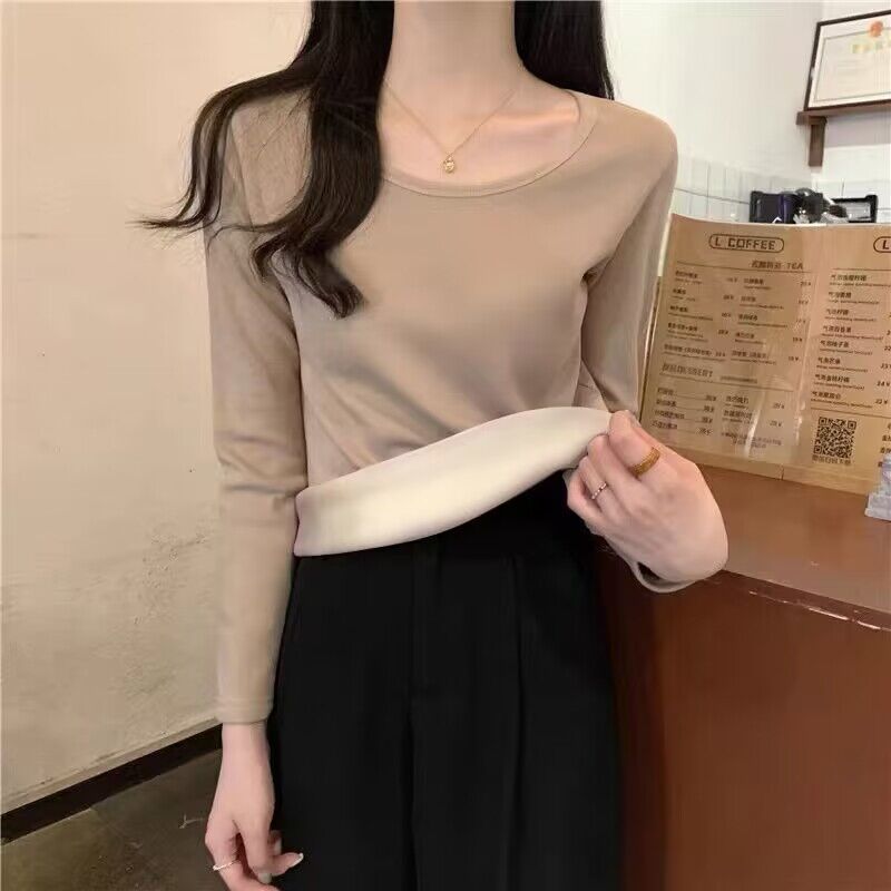 1莫代尔秋冬季保暖长袖打底衫女加绒加厚大码修身内搭内衣T恤上衣