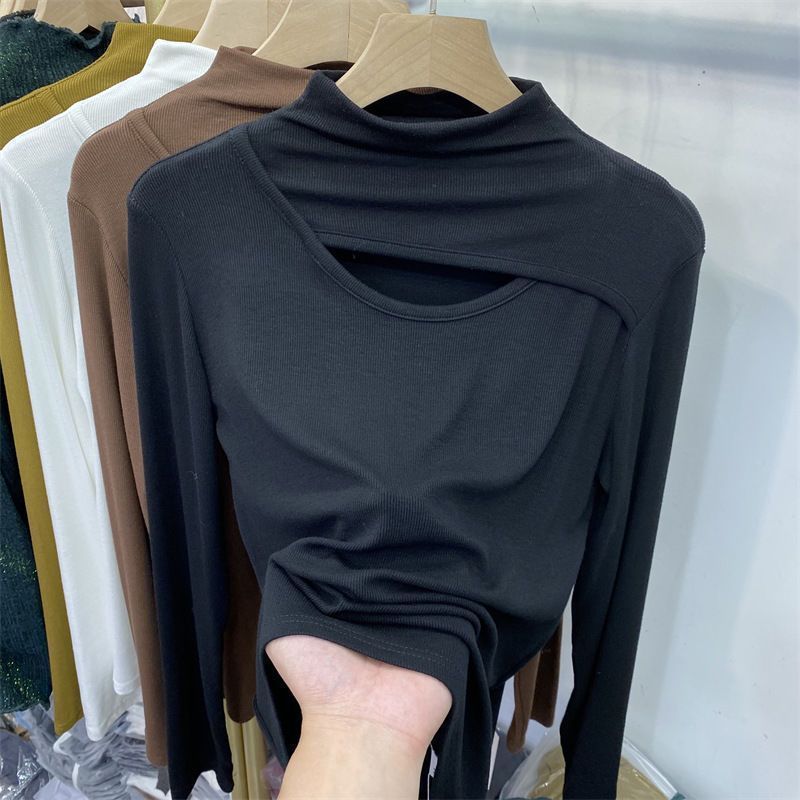 2莫代尔棉春秋欧货设计感镂空半高领打底衫女内搭长袖T恤女上衣女