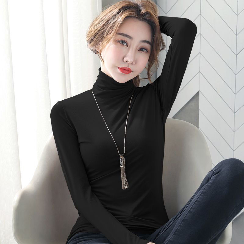 2莫代尔棉修身纯色高领打底衫女春秋季大码百搭洋气长袖T恤女上衣
