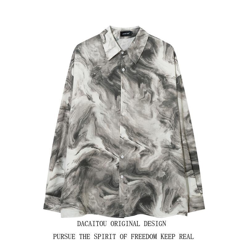 bf烟雾水墨画满版垂感复古嘻哈暗黑潮牌街头长袖衬衫百搭休闲衬H