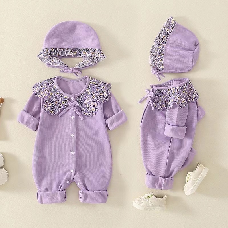 宝宝春秋长袖紫色贝壳领女宝洋气连体衣【送帽子】