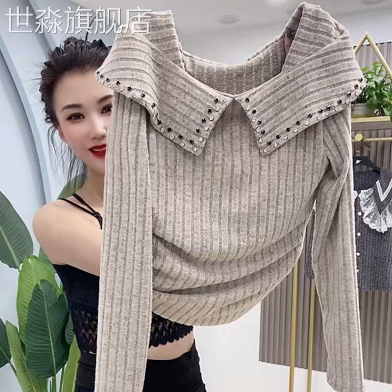 世淼旗舰店时尚洋气潮流减龄娃娃领打底衫秋季新款遮肉显瘦长袖拼