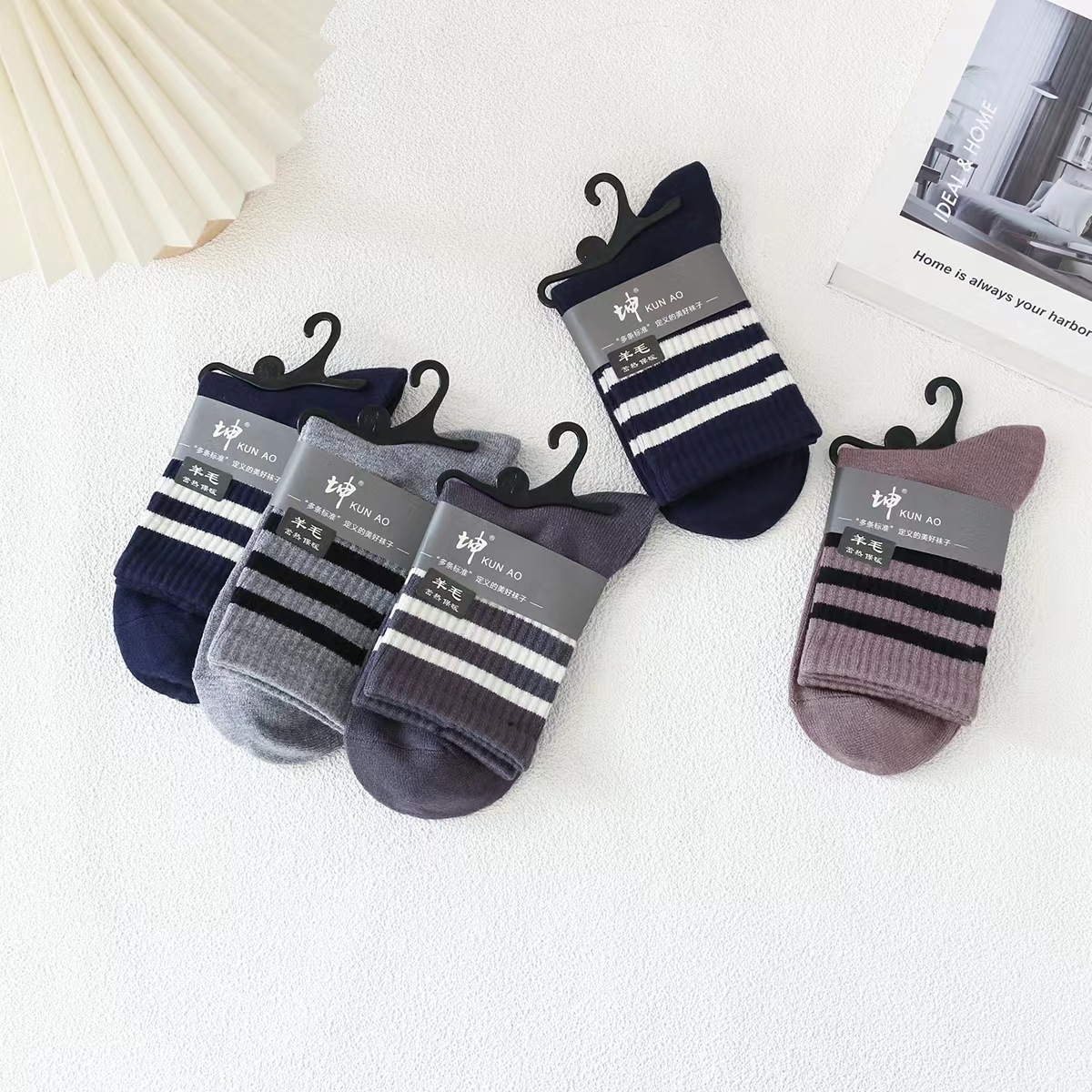 男士单针橡筋三杠羊毛袜柔软保暖更舒适