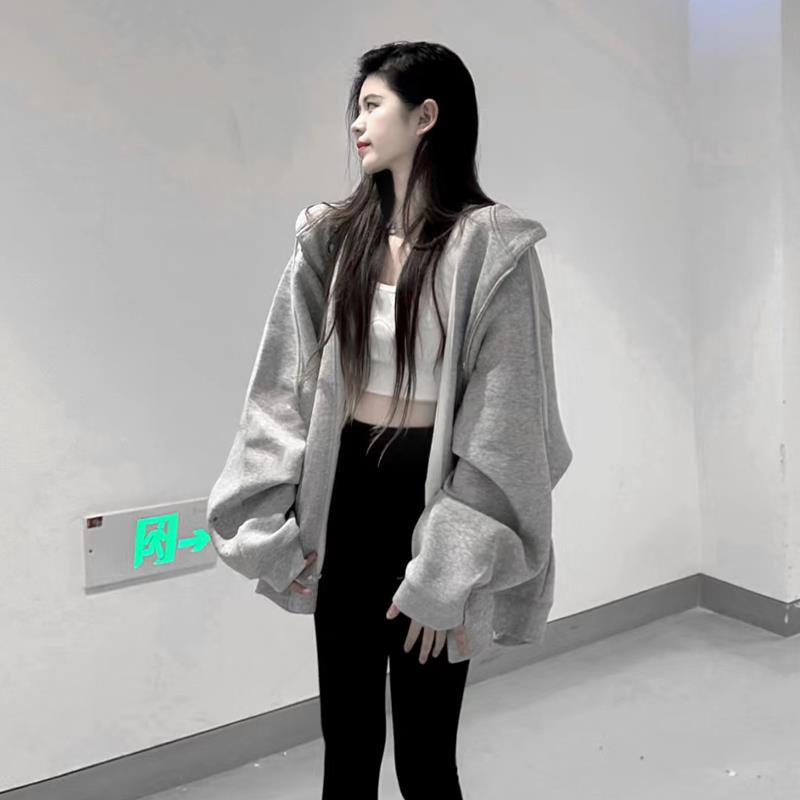初秋灰色厚棉外套女春秋2023新款爆款运动拉炼连帽无性别秋季开衫