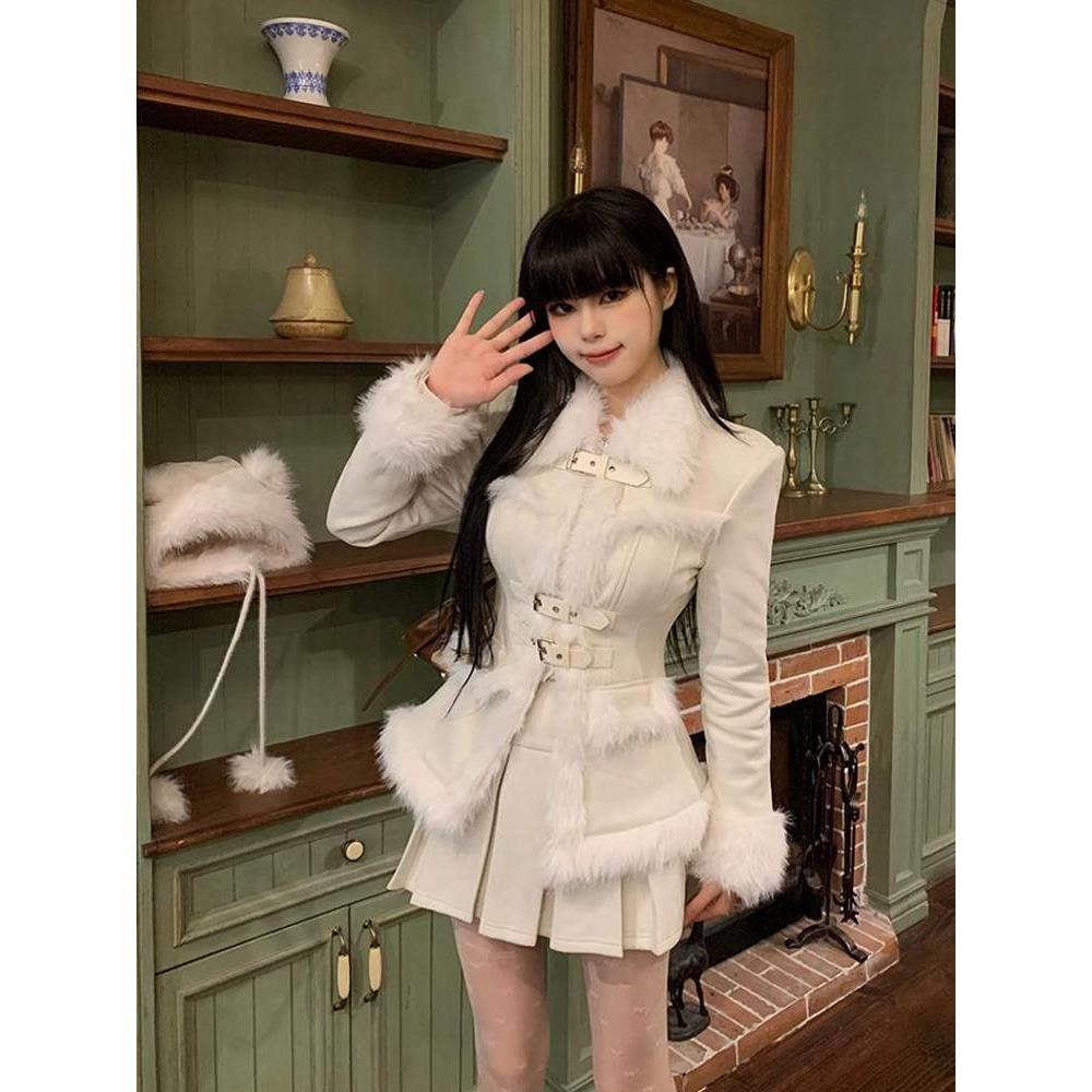 气质名媛高级感小香风套装女冬季新款毛毛拼接设计高腰显瘦百褶裙