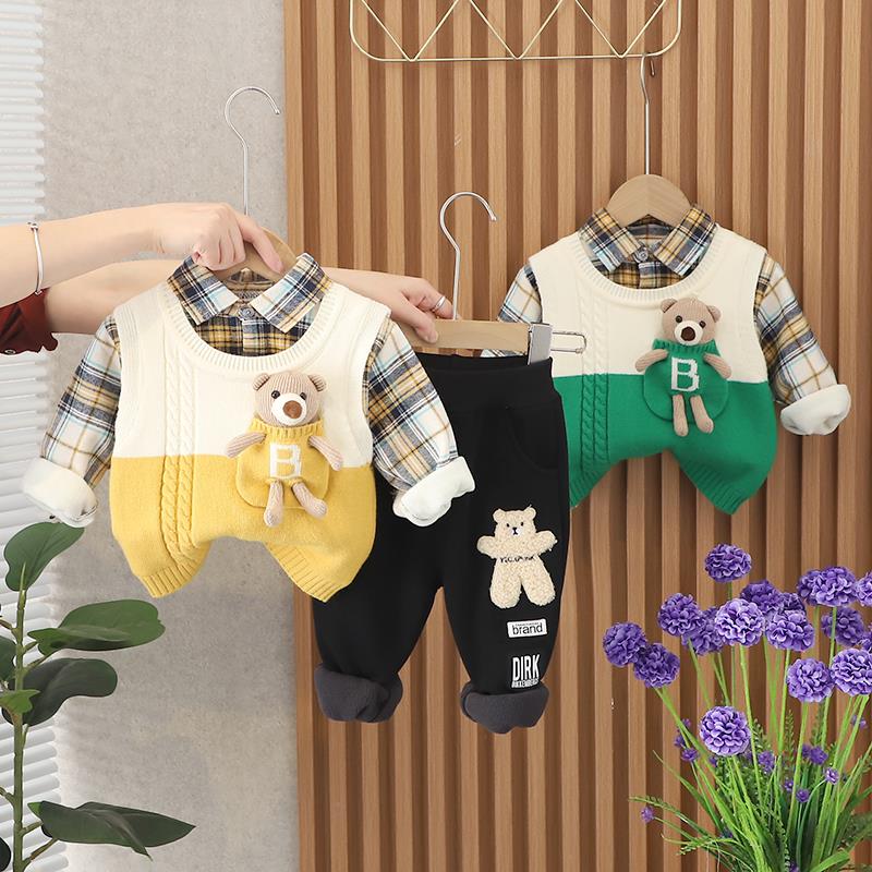 婴儿衣服冬季男童洋气加厚毛衣马甲加绒衬衫三件套一周岁宝宝冬装