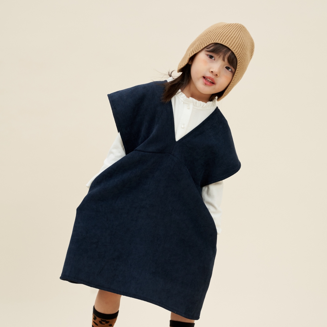 【100~150码】【冬】MIJIA日系背带宽松加厚V领连衣裙紫色藏青色裙