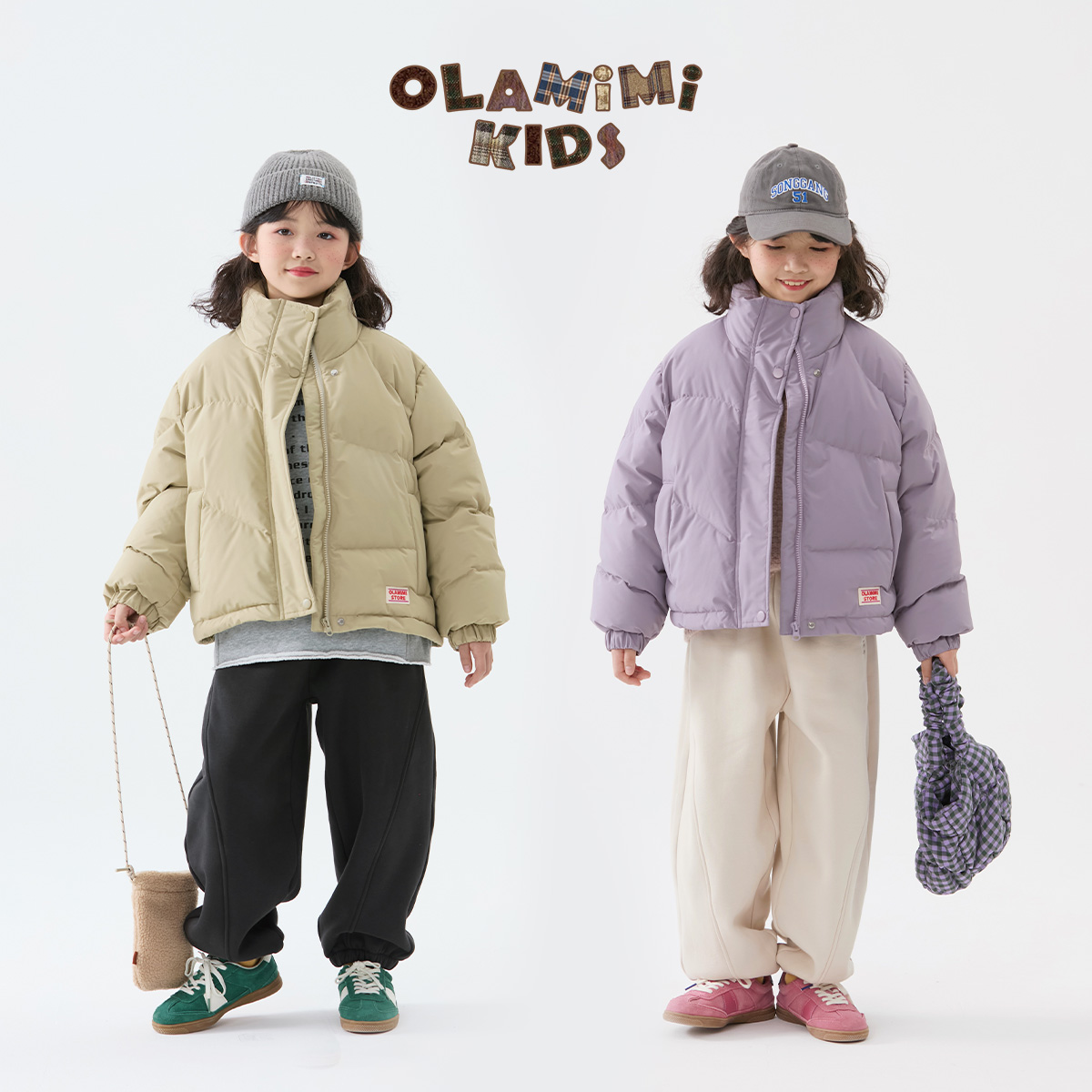 OLAMIMI2024 冬亲子两色简约保暖蓬松阔版保暖立领短款羽绒服外套