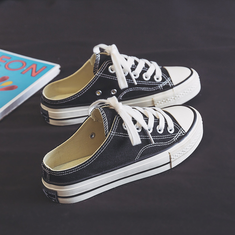 【半拖 2.5厘米】帆布鞋女款2025夏季薄款学生无后跟懒人一脚蹬板鞋