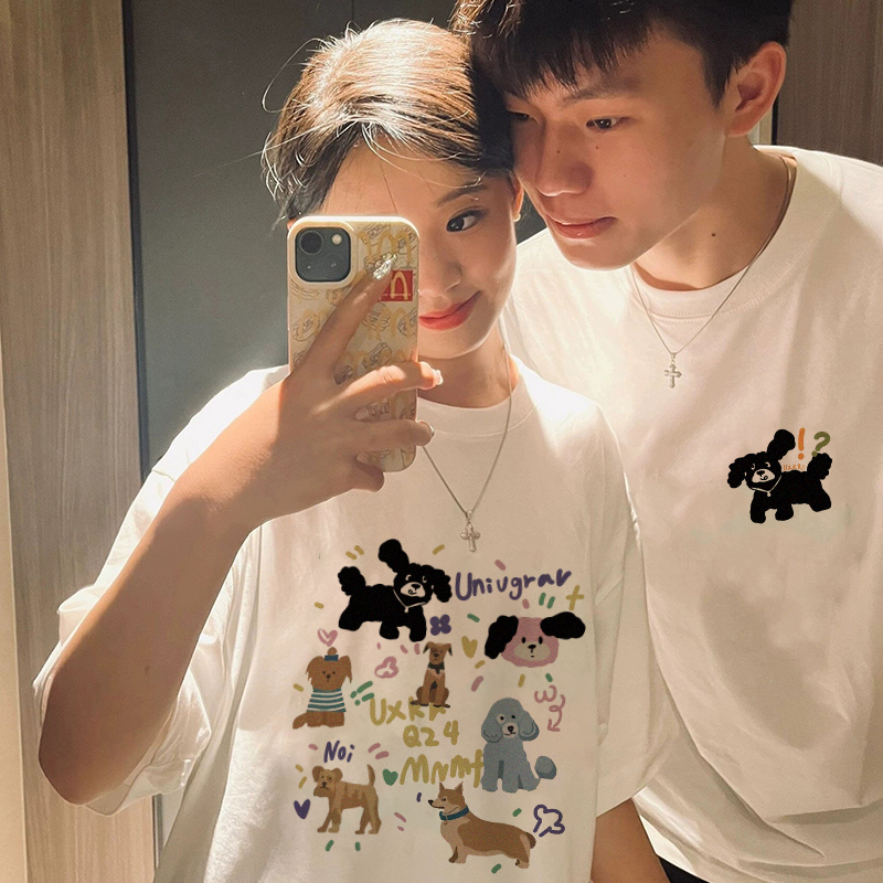 mnmf夏季情侣重磅纯棉宽松时尚半袖百搭圆领印花甜美可爱风格衣服