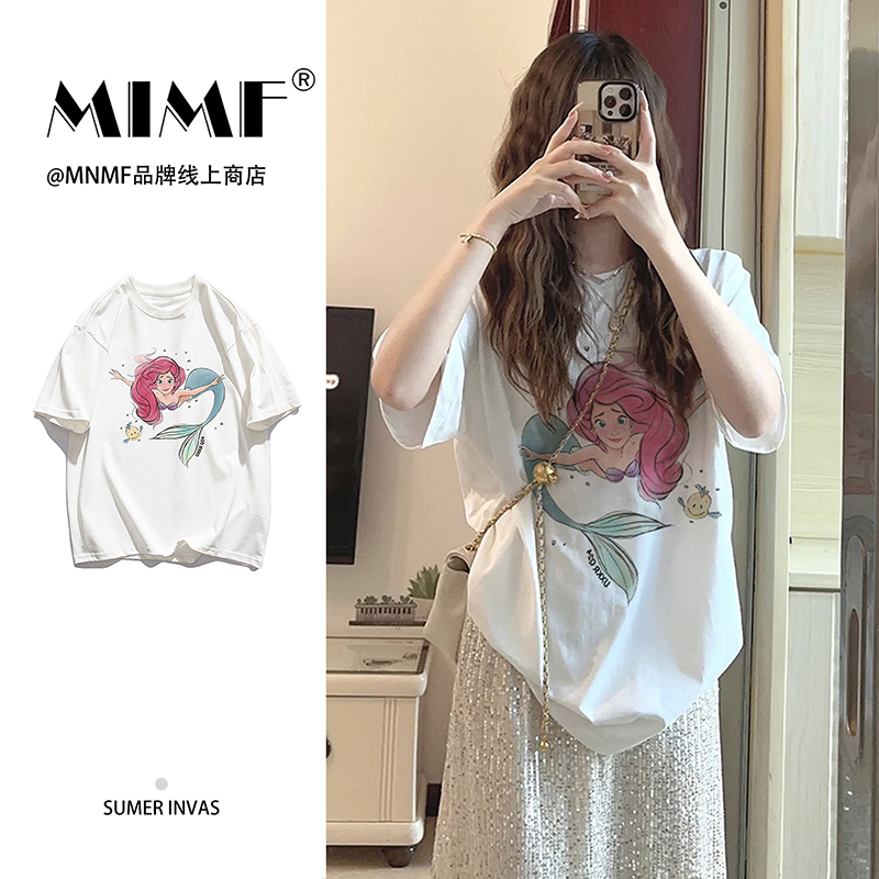 mnmf美式趣味美人鱼卡通短袖T恤夏季宽松男女慵懒风上衣#T010619