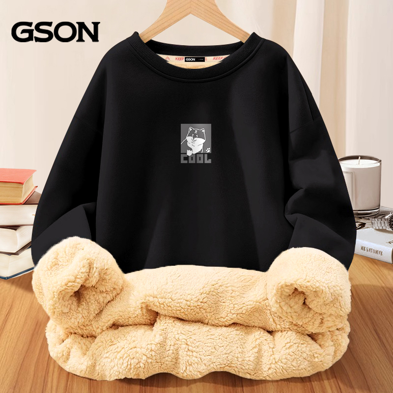 GSON圆领卫衣男bf慵懒风青少年学生加绒外套特厚羊羔绒防寒男装冬