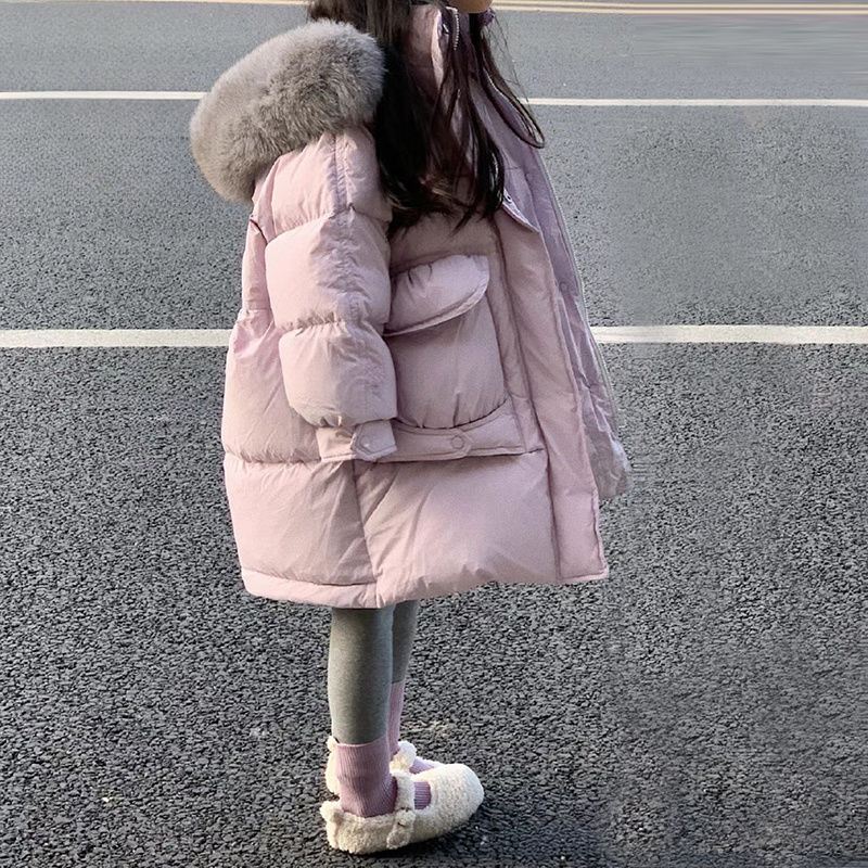 WIZK女童洋气大毛领连帽棉服儿童中长款棉衣新款加厚保暖外套宽松
