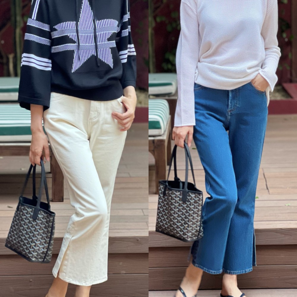 UrbanPaces复古丹宁开叉微喇九分牛仔裤