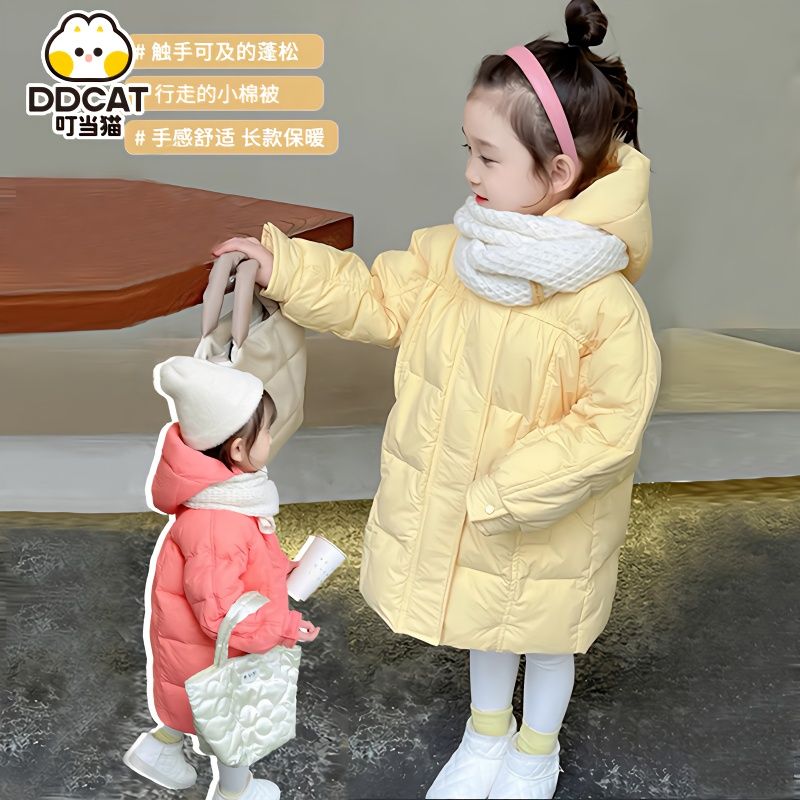 女童加长厚棉衣冬装2023年新款洋气棉袄外套宝宝儿童保暖加厚棉服