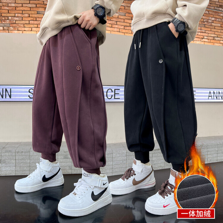 男童裤子秋冬款2023新款冬季加绒加厚一体绒炸街卫裤儿童运动裤潮