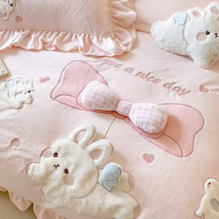 卡通冬季小清新牛奶绒四件套可爱小兔子毛巾绣被套加厚1.8m床品