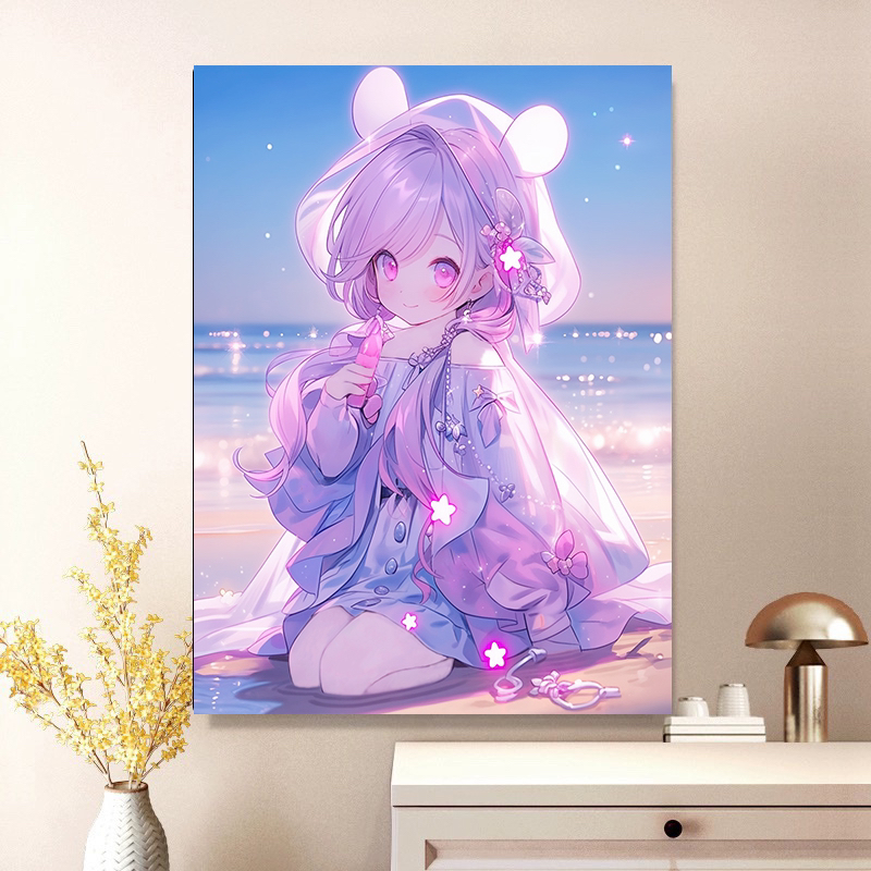 沙滩少女十字绣紫色女孩可爱卡通萌妹子客厅新手新款大格人物2024