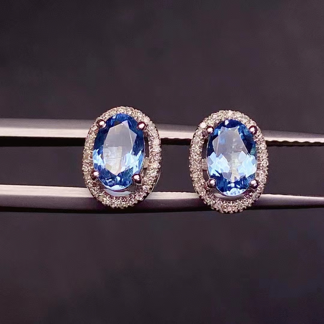 天然极美海蓝宝耳钉！18k真金真钻镶嵌！1.06ct