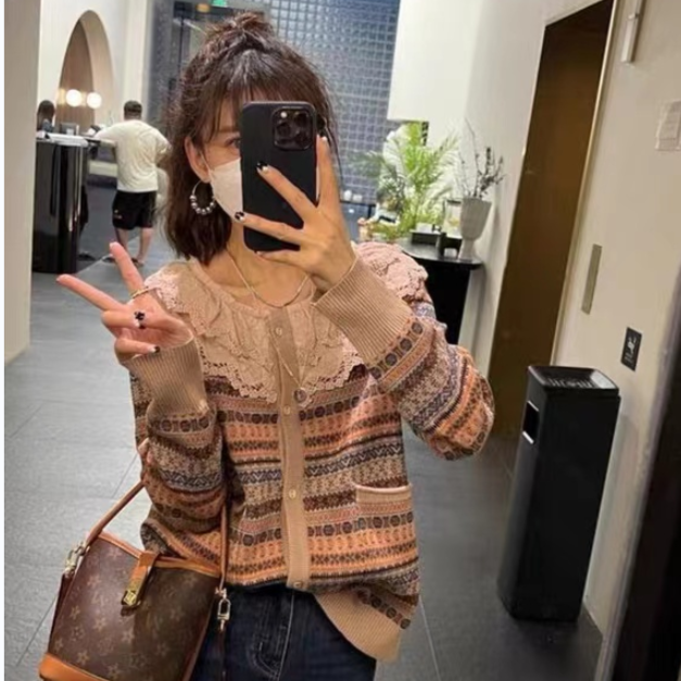 【定制大码女装80-200斤】减龄翻领多色条纹针织开衫上衣1316