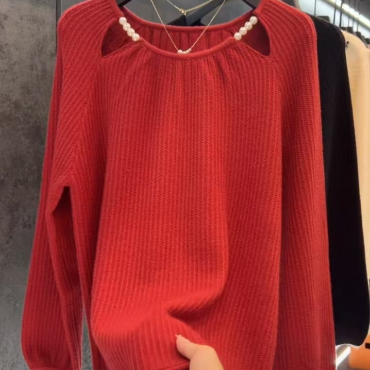 【定制大码女装80-200】气质串珠百搭显瘦上衣大码女装酒红色1854