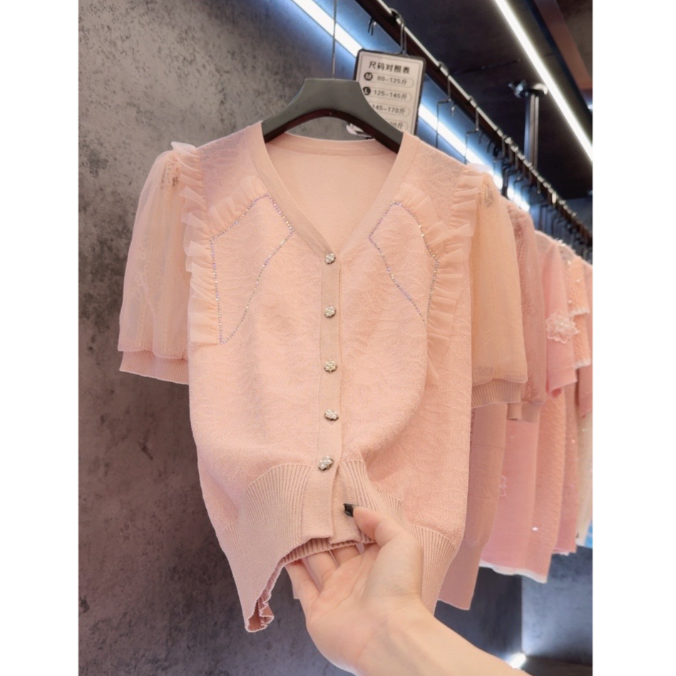 【定制大码女装80-200斤】烫钻提花气质网纱V领开衫时尚上衣款1726