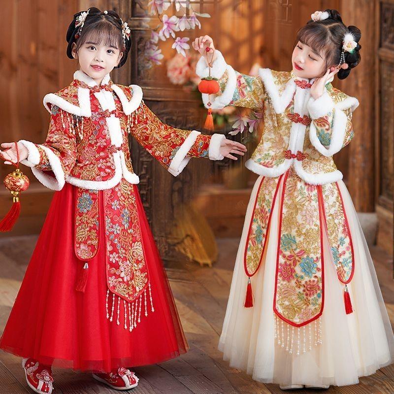 汉服女童冬装儿童冬款拜年服女古风超仙加绒加厚古装女孩冬季唐装