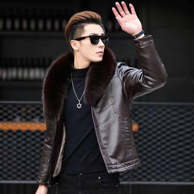 海宁男士真皮皮衣男韩版时尚加绒加厚男皮夹克皮毛一体冬季皮外套