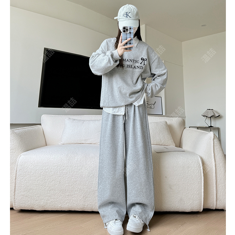 温喆高腰小个子宽松直筒束脚阔腿裤白灰色运动卫裤子女春秋新款
