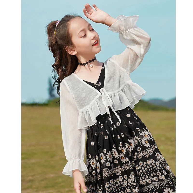 诺佳童装女童防晒衣披肩开衫雪纺2023儿童外搭外套衬衫小衫女孩披