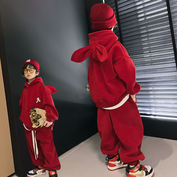 诺佳童装男女童春装套装2023新款洋气儿童加绒时髦童装男孩灯芯绒