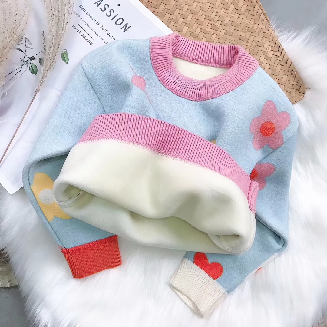 诺佳童装秋冬装潮洋气一体绒加绒毛衣女童女宝宝花朵线衫套头底衫