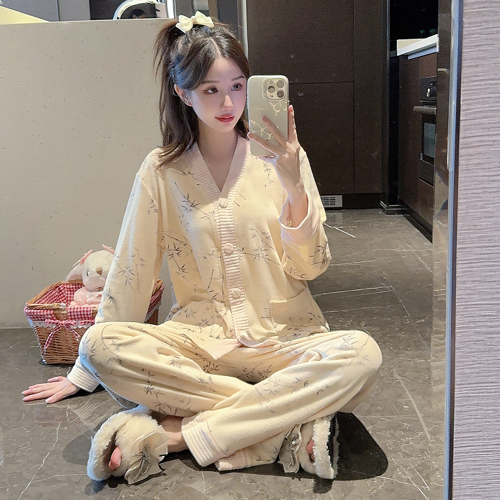 【国风秀竹】超柔2024新款海岛绒睡衣女秋冬薄款新中式国风套装睡衣