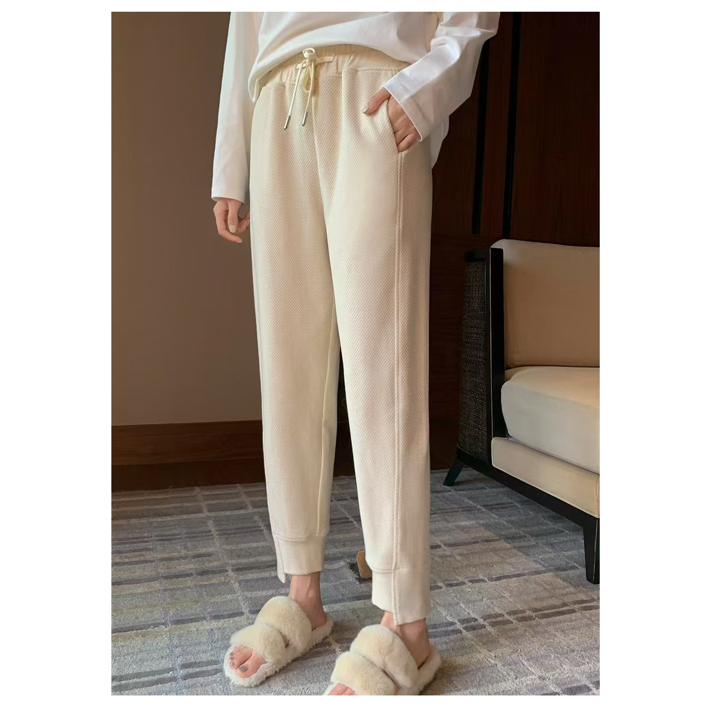 烈儿LRKS「好穿华夫裤」提花侧缝双拼华夫格卫裤直腿裤N450过冬