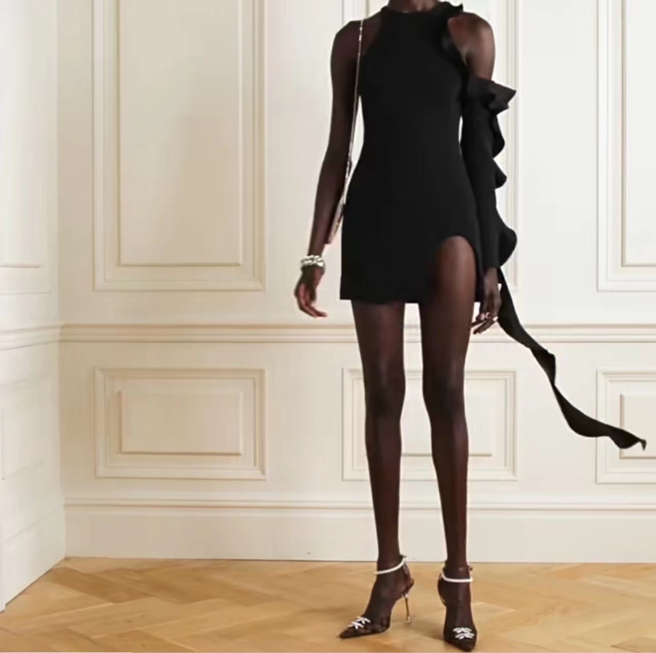 不规则单袖时髦背心连衣裙23318