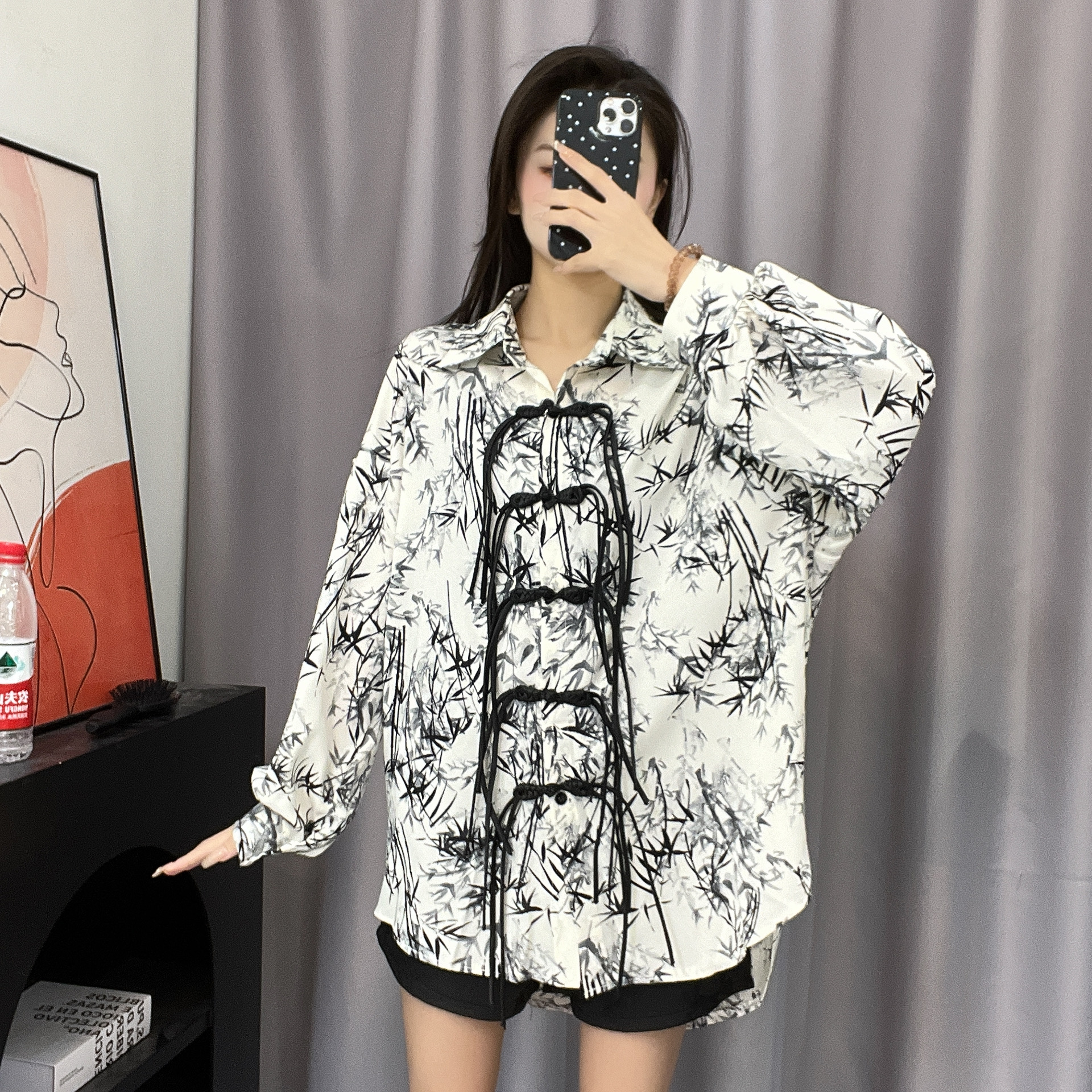 【现货】早秋长袖时尚休闲百搭小众薄款印花设计感宽松衬衫24060