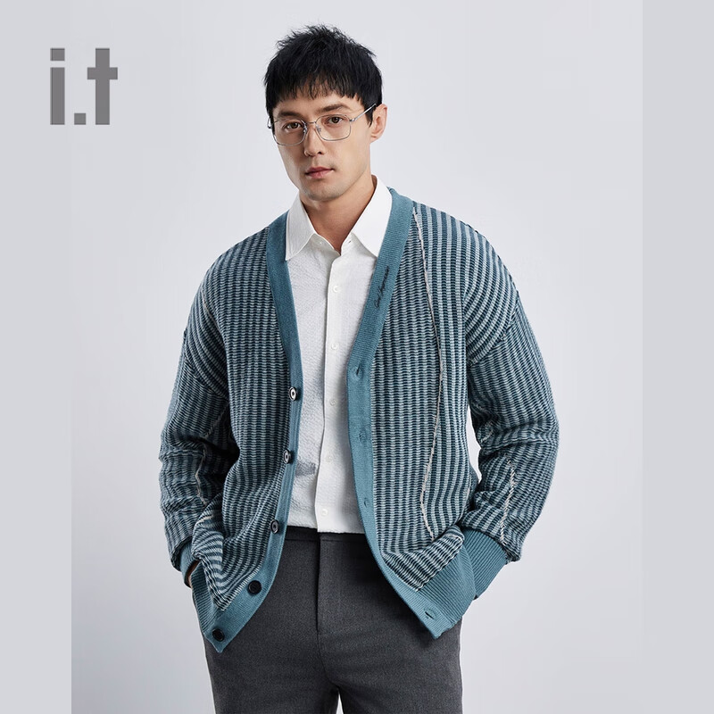 GIXX it 男装分割线拼接针织衫2024冬季新款复古型男拼色开衫I000