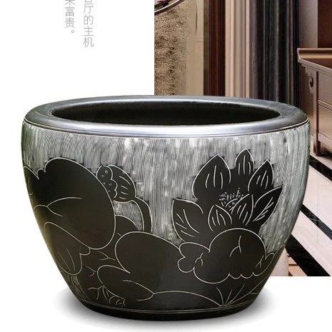 【51*31cm雕刻黑荷】景德镇黑釉雕刻黑色荷花陶瓷大缸送底座