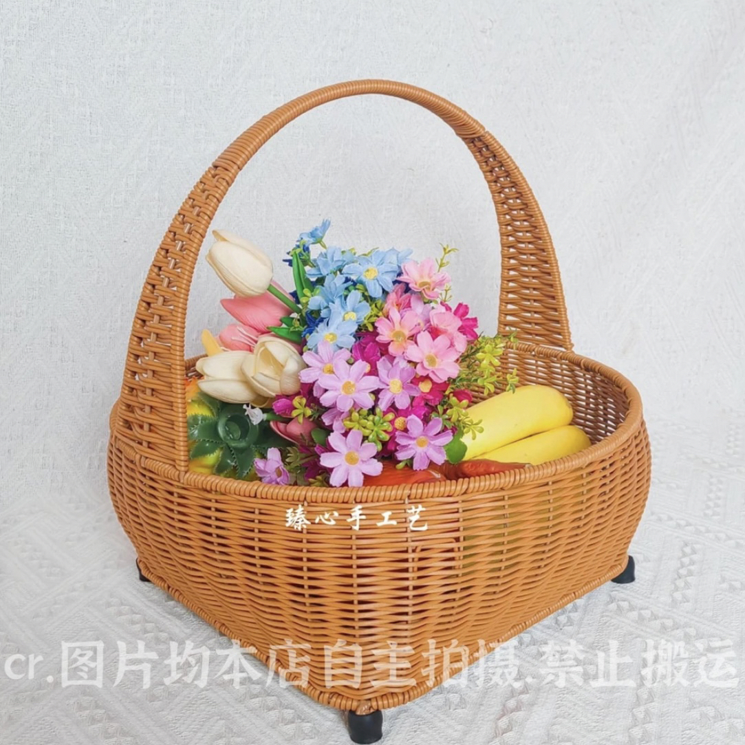 TY45（提篮款）仿藤编织手提方底大容量圆形买菜篮野餐篮筐蔬菜沥水