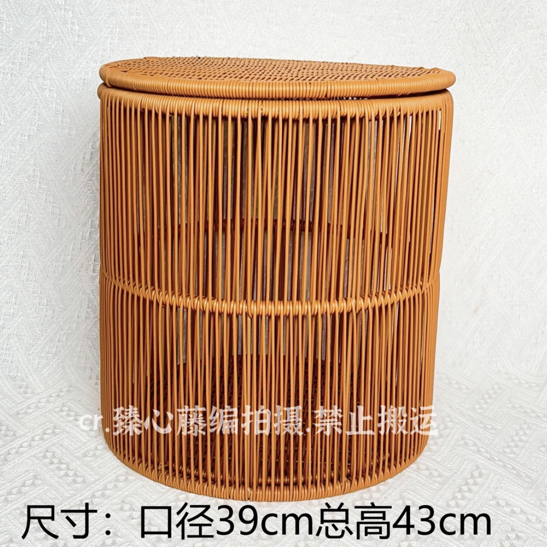 DY16新款镂空带盖纯手工编织北欧风简约圆形浴室脏衣篓收纳筐