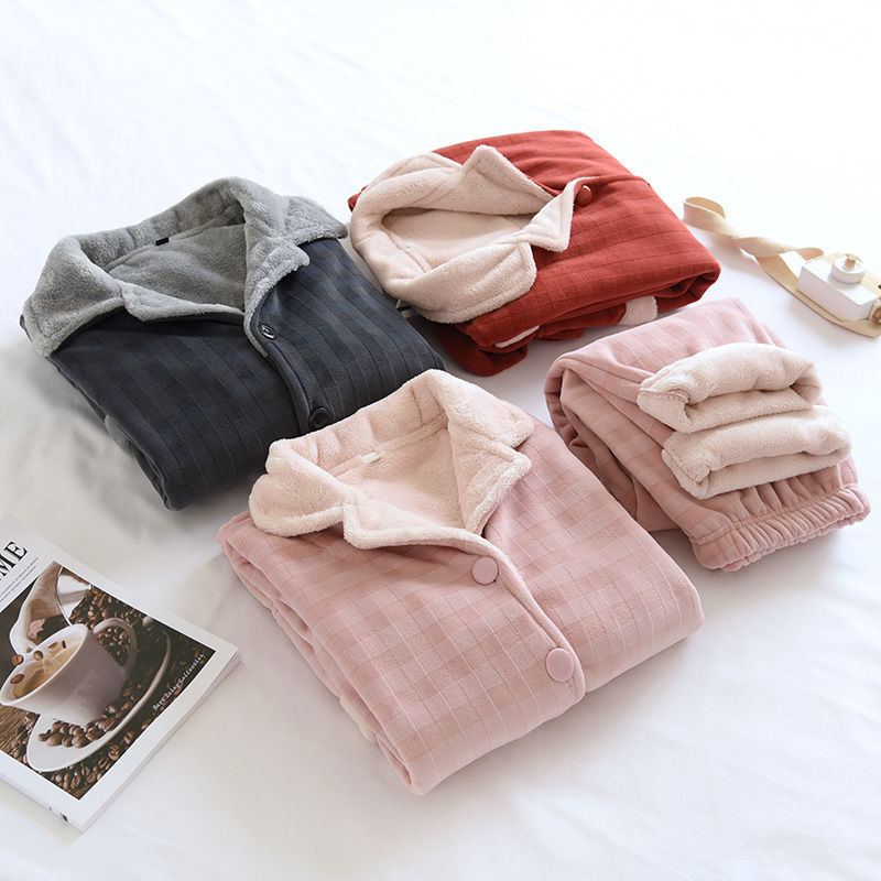 情侣款睡衣法兰秋冬季加厚加男女家居服套装宽松复合可外穿