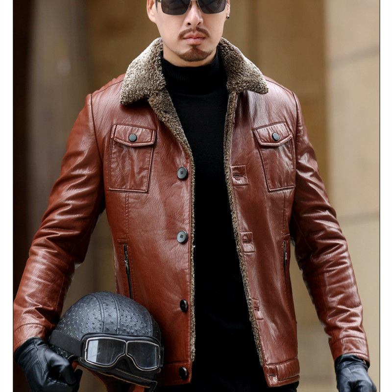 男士皮衣中青年修身新款男装冬季加加厚保暖皮夹克男外套爸爸装
