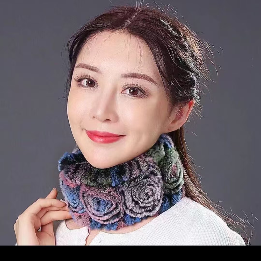 獭兔女士花脖套獭兔毛围脖妈妈保暖时尚爱心冬季百变护颈加厚