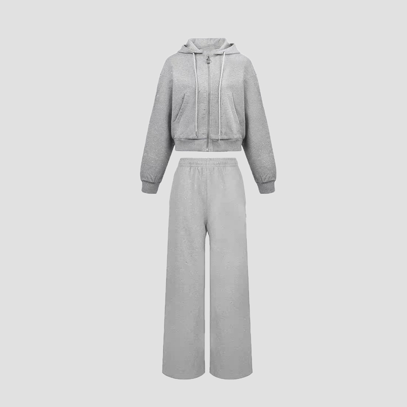 8990女士灰色亮钻长袖连帽外套直筒裤套装