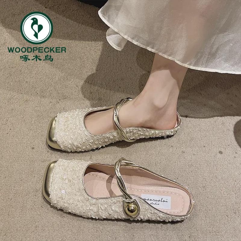 啄木鸟亮片包头半拖鞋女夏外穿2024年春季新款凉拖温柔玛丽珍单鞋