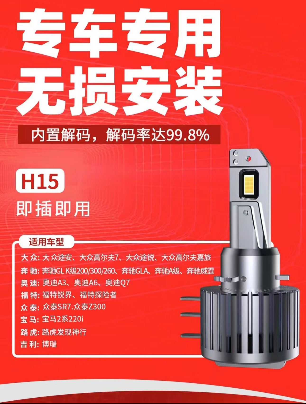 超强超亮大灯解码款，偏心款，特殊远光狗型号H15LED(一只价格）灯泡