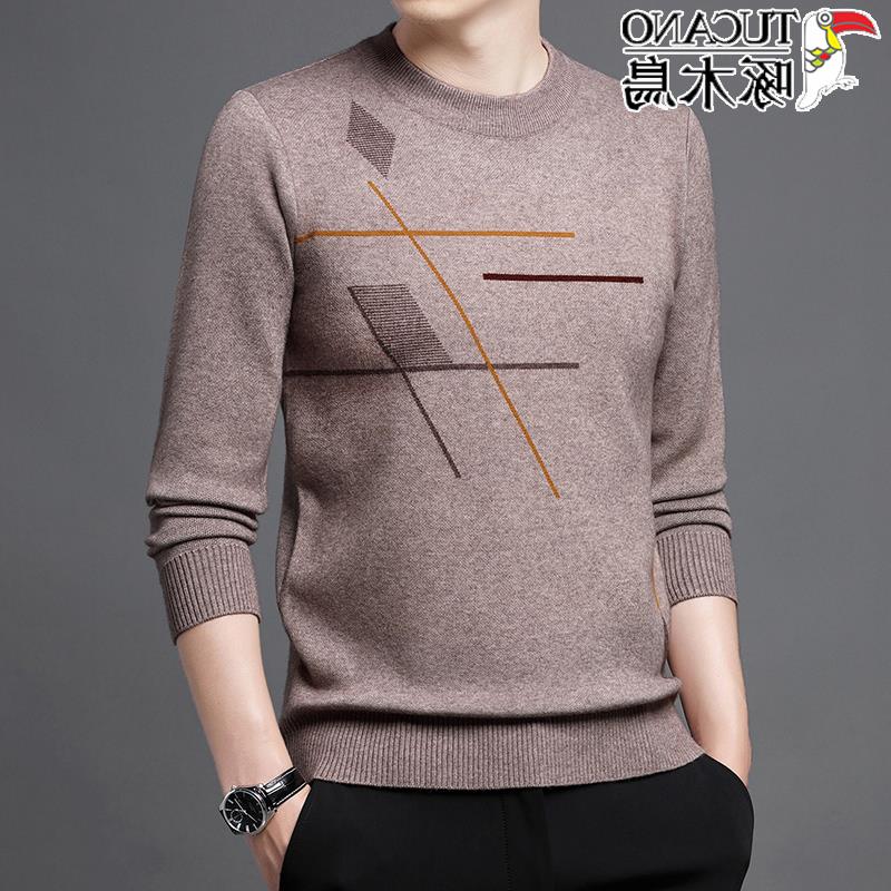 啄木鸟羊绒衫男士圆领中青年秋冬季薄款休闲打底羊毛衫提花毛衣男