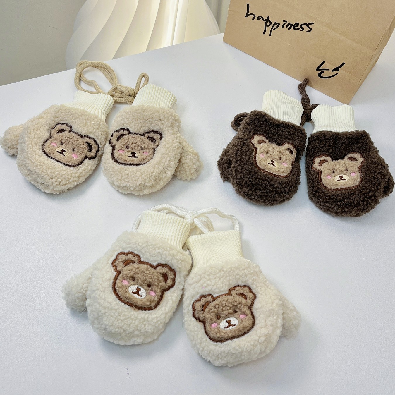 HX（0-4岁）可爱小熊秋冬季加绒保暖全包小宝宝挂脖手套宝宝小手套